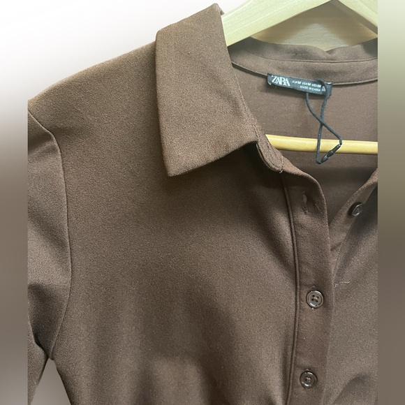 ZARA Sheska Black Stretch Dress Shirred Button Front V-neck Classic Longsleeve M - Picture 11 of 16